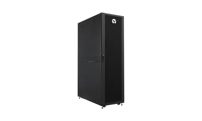Vertiv VE Rack, Model: SR-V081120SF - 42Ux800Wx1100D, Front single & Rear split Mesh Door,  with Side Panels, RAL7021 Black, Flat Pack into 5 Cartons